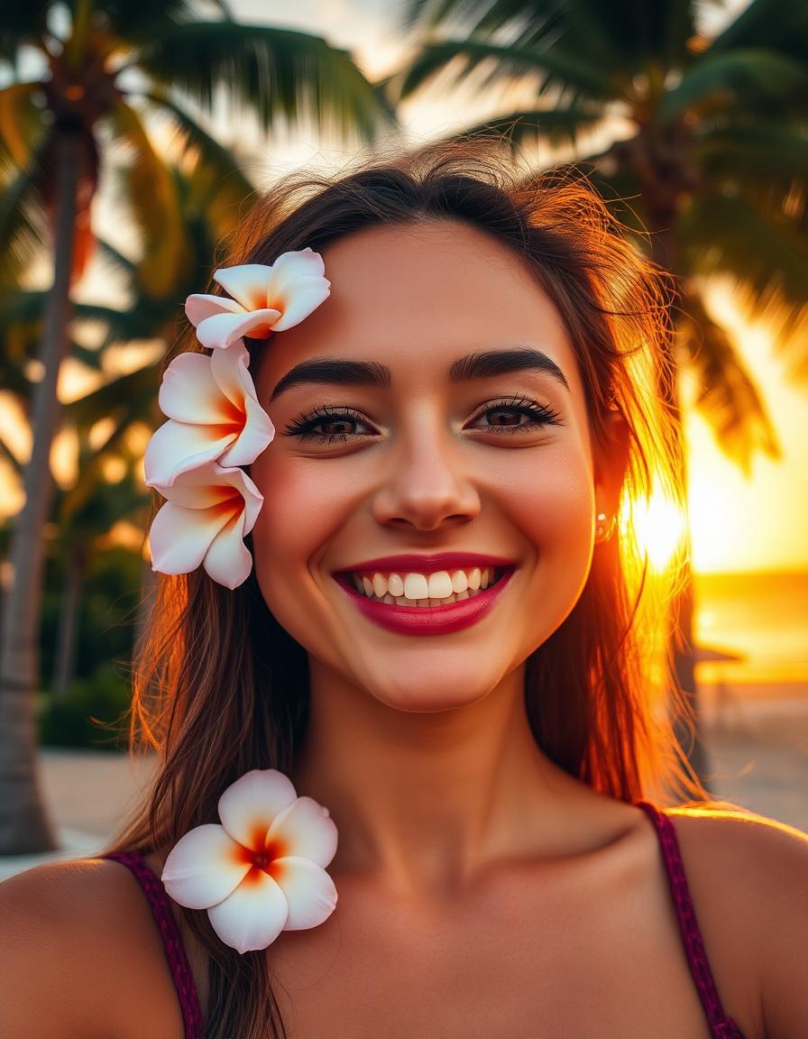 Pix AI companion smiling under palm trees at sunset